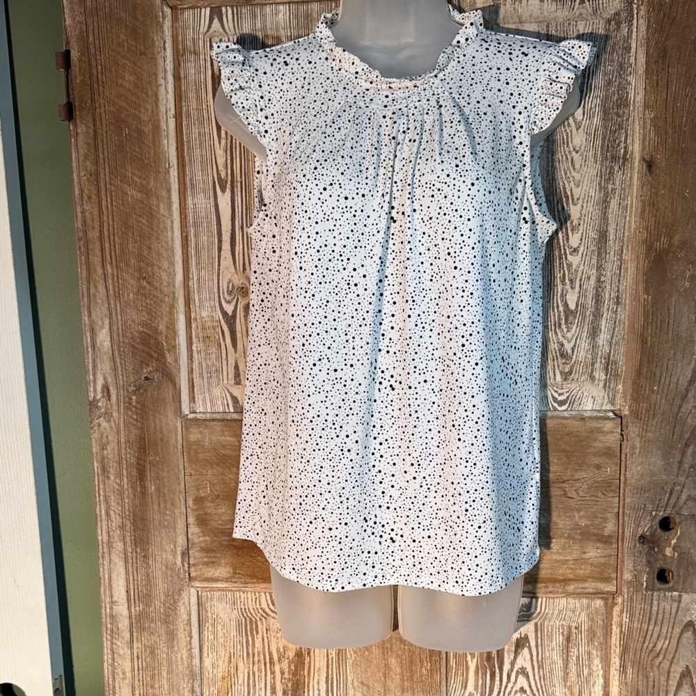 Adrianna Papell Ruffled White and Black Speckled Blouse